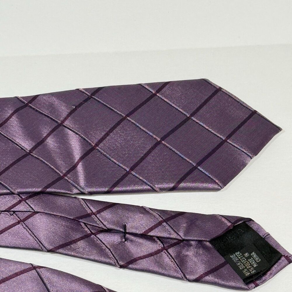 CALVIN KLEIN Waffle Windowpane Purple Diamond Print Formal Silk Neck Tie